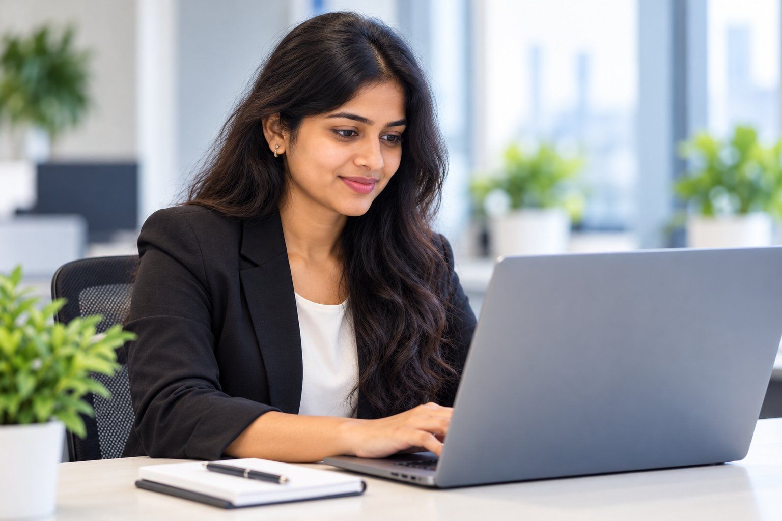 A developer working at her laptop in a bright office